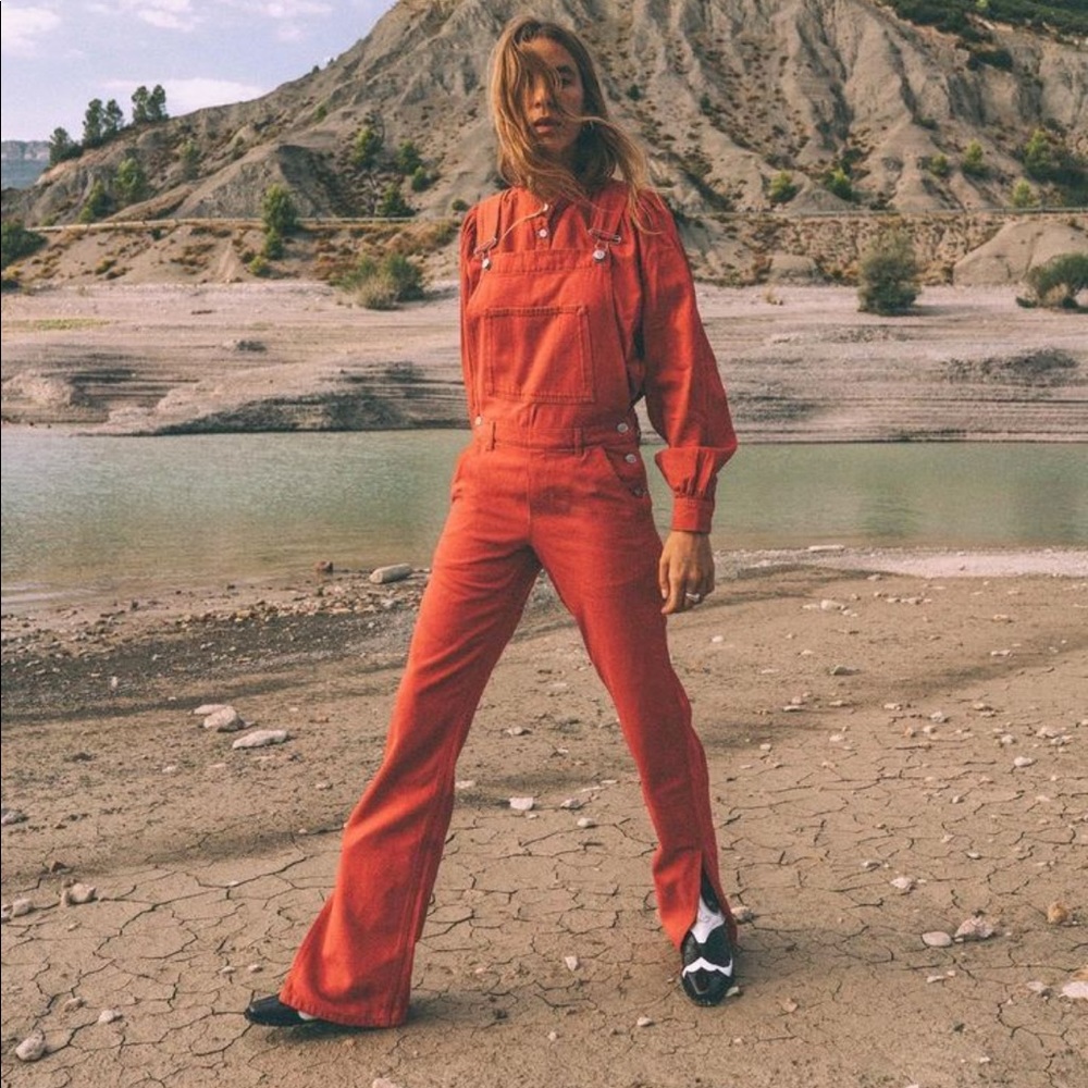 Red denim overalls